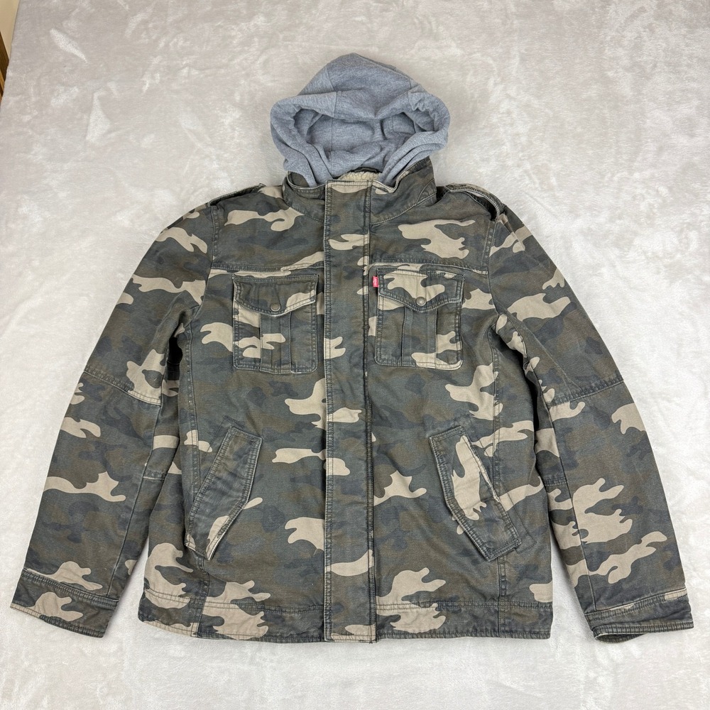 Levi's Military Field Jacket Mens Large Camo Sherpa Lined Hooded Streetwear Y2K